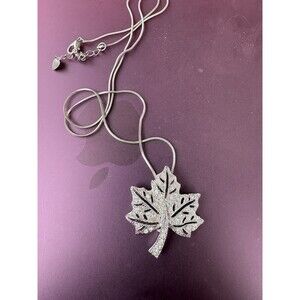 Silver Toned Bolo Style Lariat Rhinestone Leaf Necklace 26”